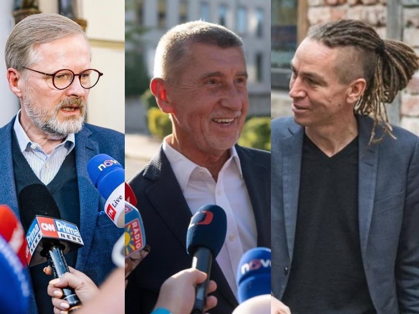 Predsedovia českých politických strán zľava doprava: Petr Fiala (ODS, premiér ČR), Andrej Babiš (ANO, opozícia), Ivan Bartoš (Piráti, podpredseda vlády ČR a minister pre miestny rozvoj)