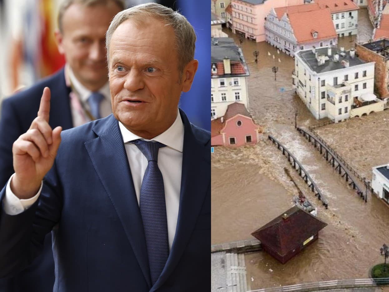 Poľský premiér Donald Tusk. Záplavy, ktoré postihli mesto Kladsko v Dolnom Sliezsku