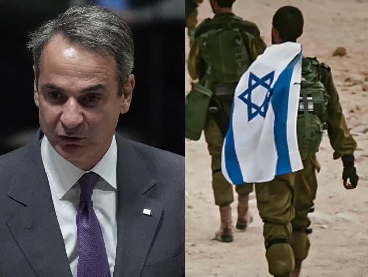 Grécky premiér Kyriakos Mitsotakis a vojak izraelskej armády IDF