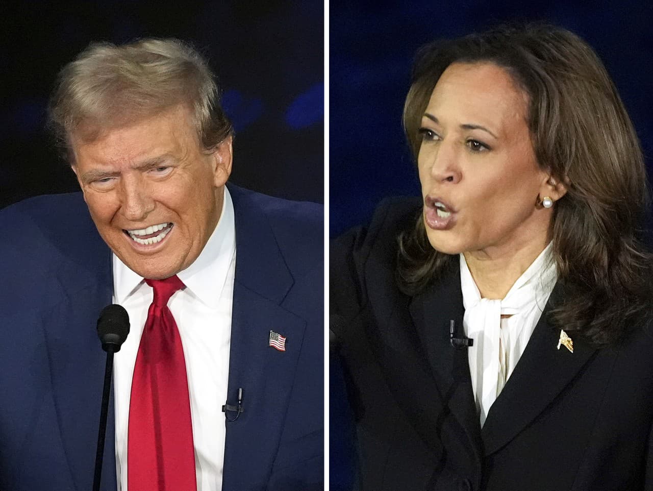 Republikánsky prezidentský kandidát bývalý prezident Donald Trump a demokratický prezidentský kandidát viceprezidentka Kamala Harrisová počas prezidentskej debaty ABC News v Národnom ústavnom centre