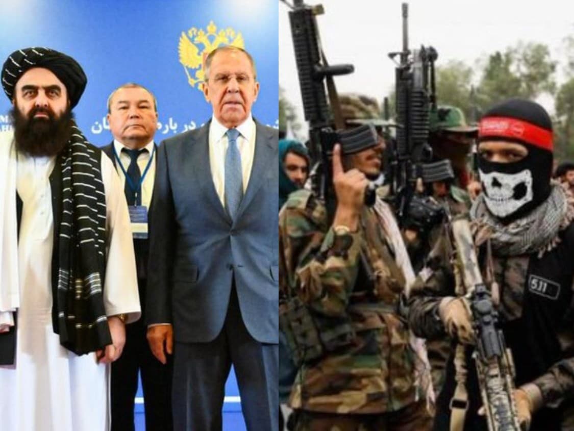 Šéf ruskej diplomacie Sergej Lavrov a zástupca Talibanu Amir Khan Muttaqi na konferencii 