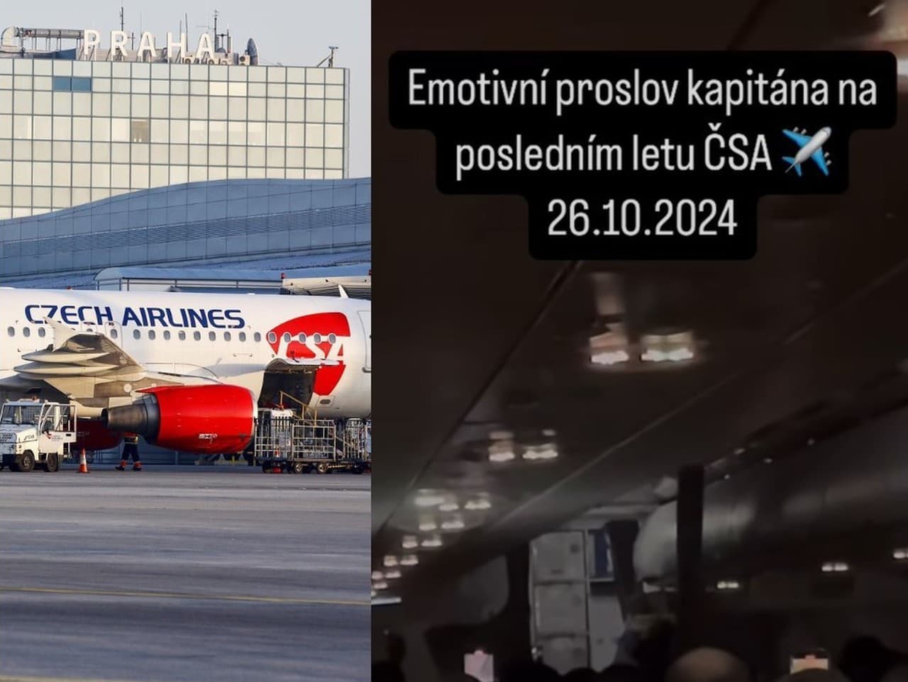 Príhovor pilota po poslednom lete leteckej spoločnosti ČSA s označení OK. Lietadlo Airbus A320 pristálo na pražskom letisku Václava Havla v sobotu 26. októbra v neskorých večerných hodinách.