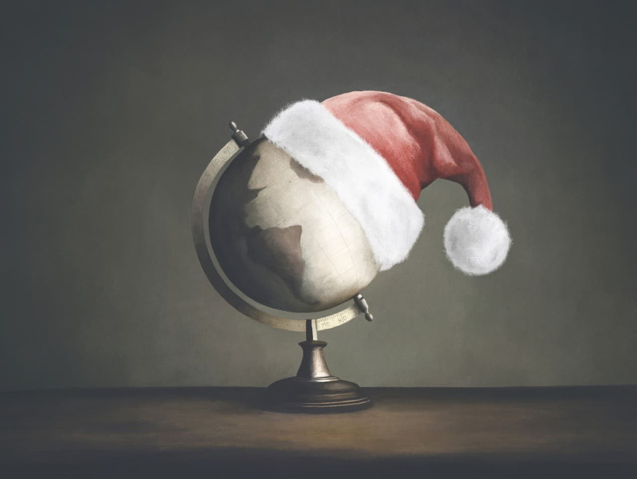 Illustration of Santa Claus's red hat on a world map, Christmas travel concept