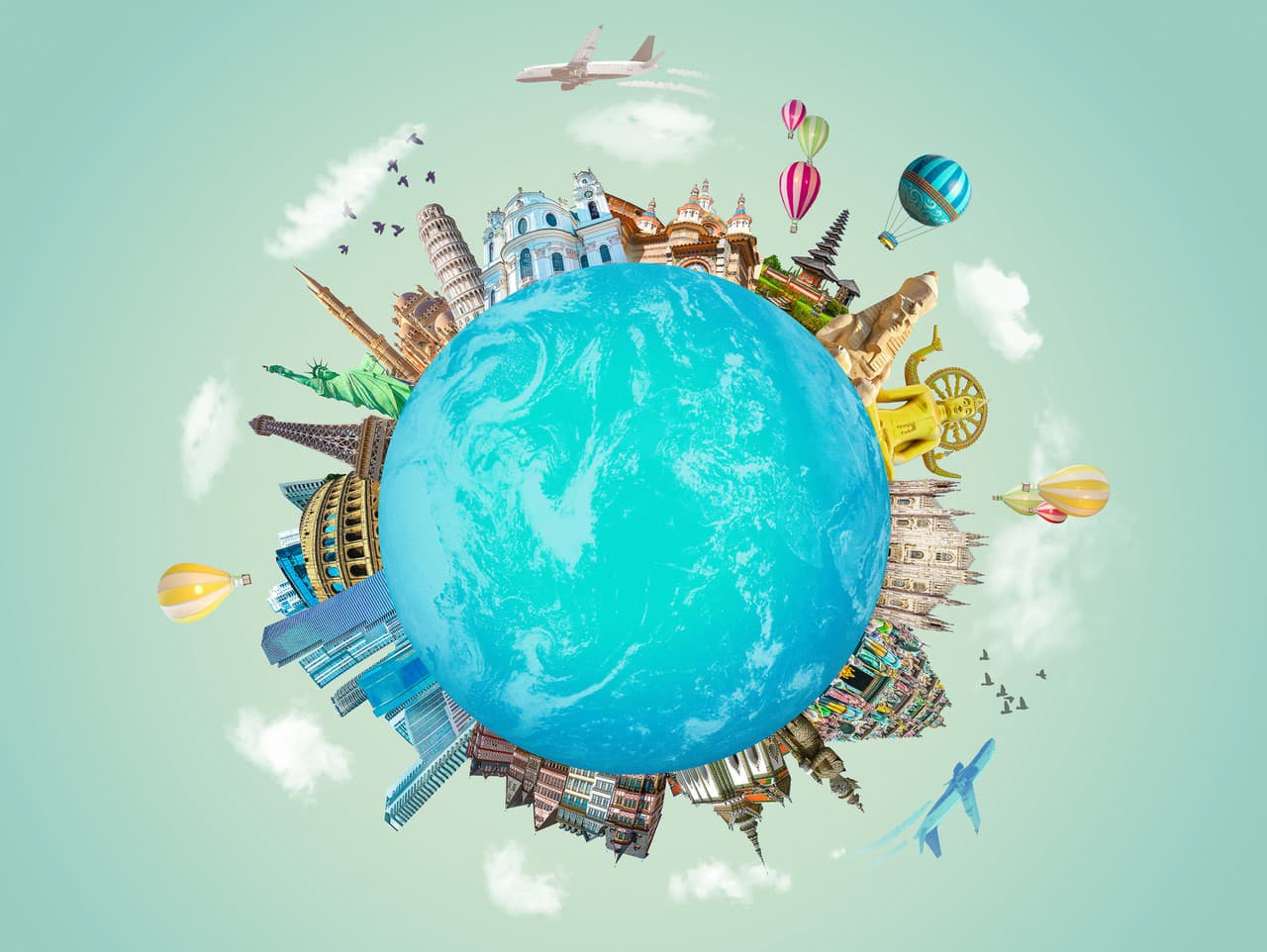 World religious and architecture monuments - collage or globe from different religions. Conceptual image of world ocean as a planet in space. Environmental protection concept. Underwater world.