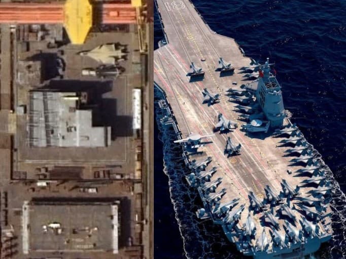 Čína buduje v prístave Dalian nový typ bojovej lode 004. Vpravo typ 003