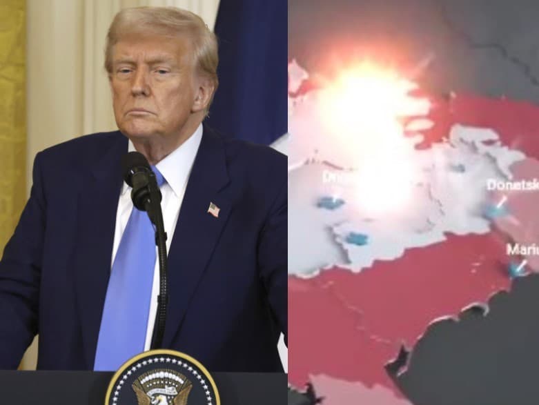 Americký prezident Donald Trump a video vývoja konfliktu na Ukrajine od spustenia ruskej invázie 24. februára 2022. 