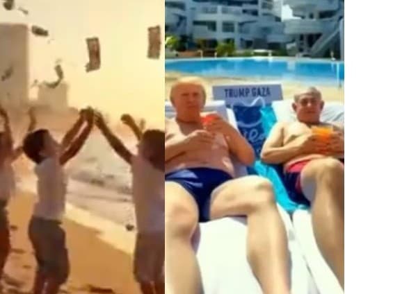 Doláre padajúce z neba na pláži v povojnovej Gaze. Prezident Donald Trump a premiér Izraela Benjamin Netanjahu popíjajú drink pri hotelovom bazéne
