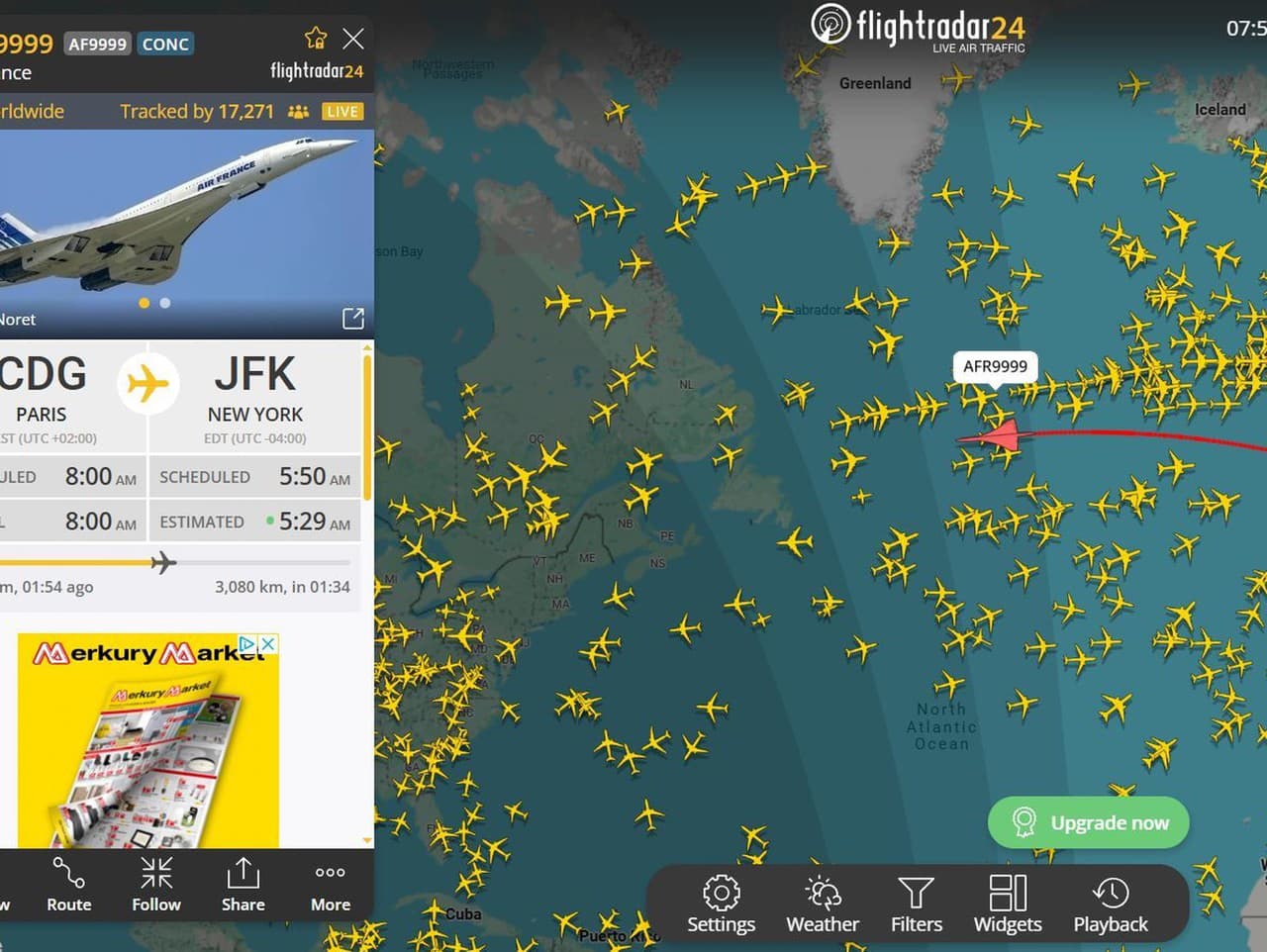 Concorde sa objavil na stránke Flightradar24.