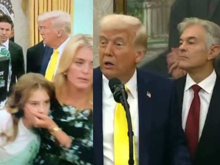 Na snímke vľavo matka Daphné odvádza dcéru Filoménu preč od kamier po tom, ako odpadla. Vpravo prezident USA Donald Trump a starý otec Dr. Mehmet Oz. 