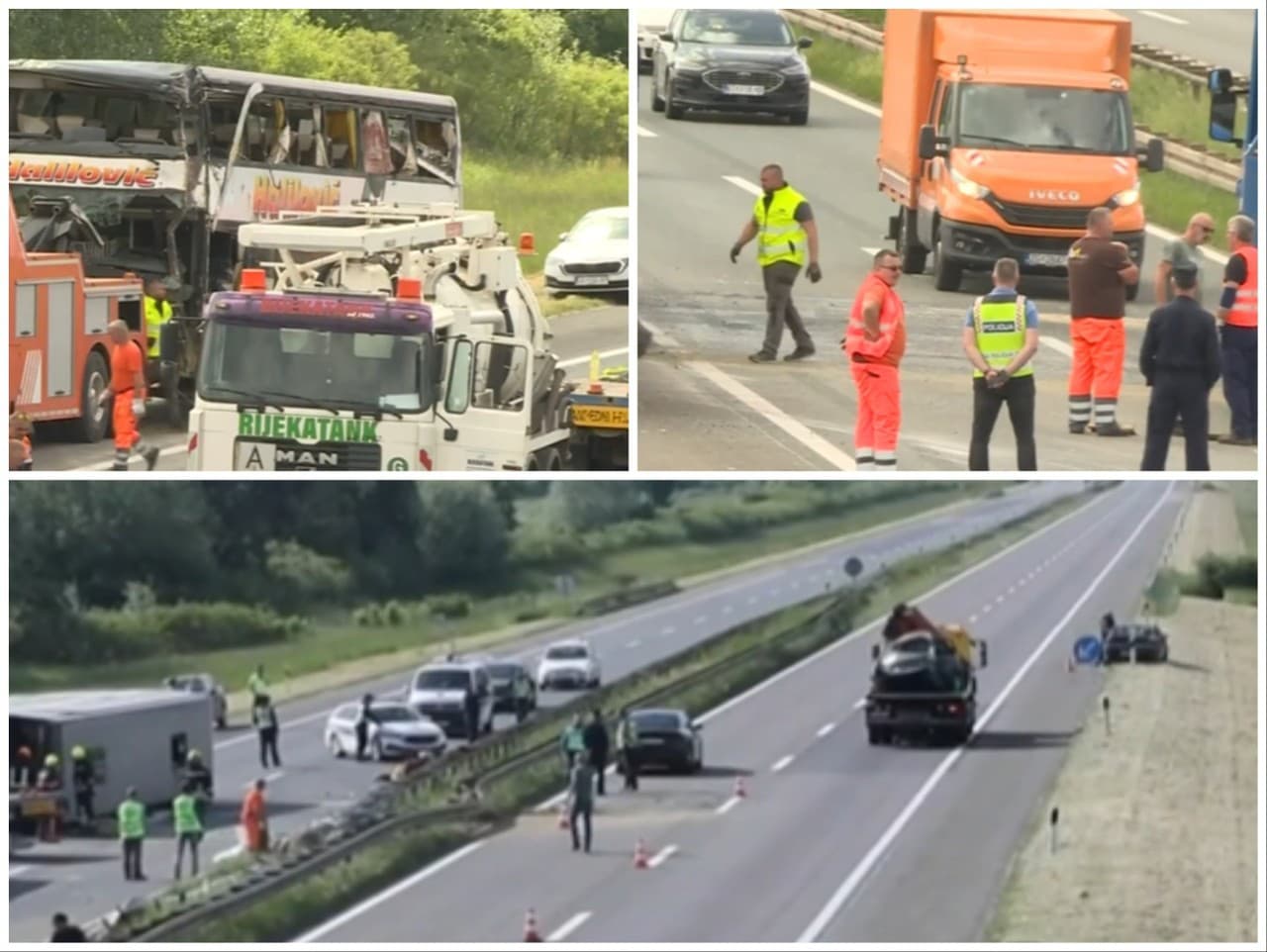 Fotografie z miesta činu ukazovali prevrátený autobus a v druhom jazdnom pruhu nabúrané auto