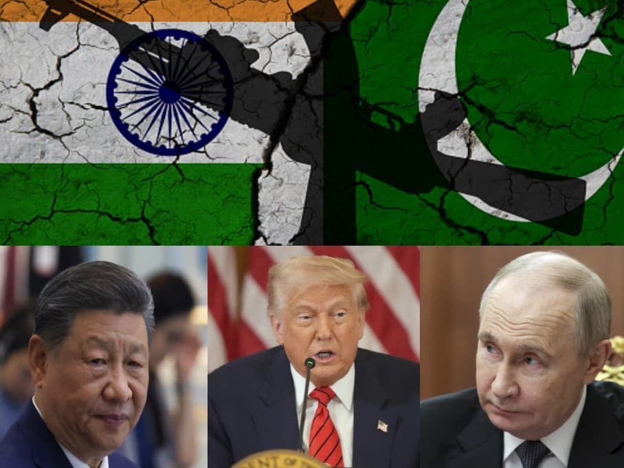 Reakcie svetových lídrov na vojnu medzi Indiou a Pakistanom. Zľava prezidenti Číny (Si Ťin-pching), USA (Donald Trump) a Ruska (Vladimir Putin)