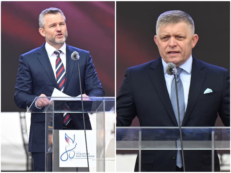 Prezident SR Peter Pellegrini a predseda vlády SR Robert Fico sa prihovárajú po pietnom akte kladenia vencov pri Pomníku padlých rumunských vojakov v Piešťanoch.