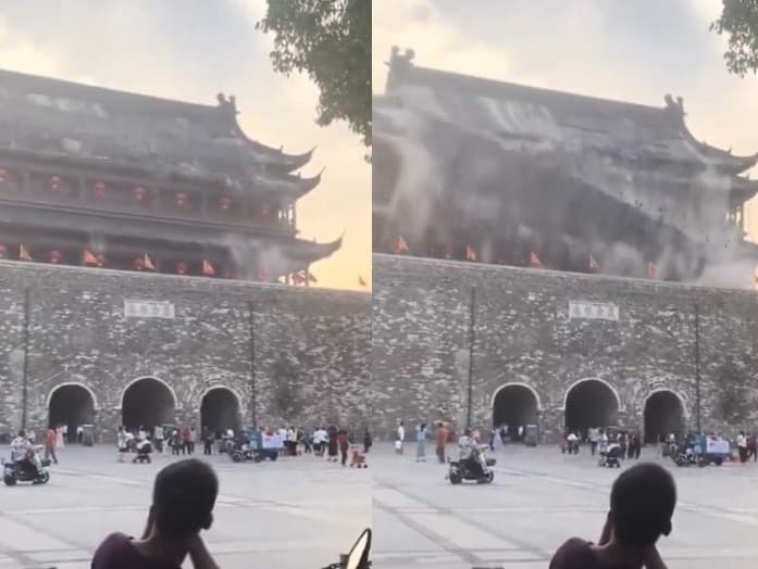 Strecha čínskej historickej Bubnovej veže Feng-jang z dynastie Ming sa zrútila priamo pred turistami