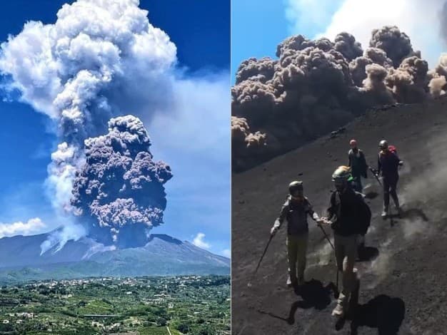 Výbuch sopky Etna na talianskej Sicílii. Turisti utekali pred kúdolom dymu. 