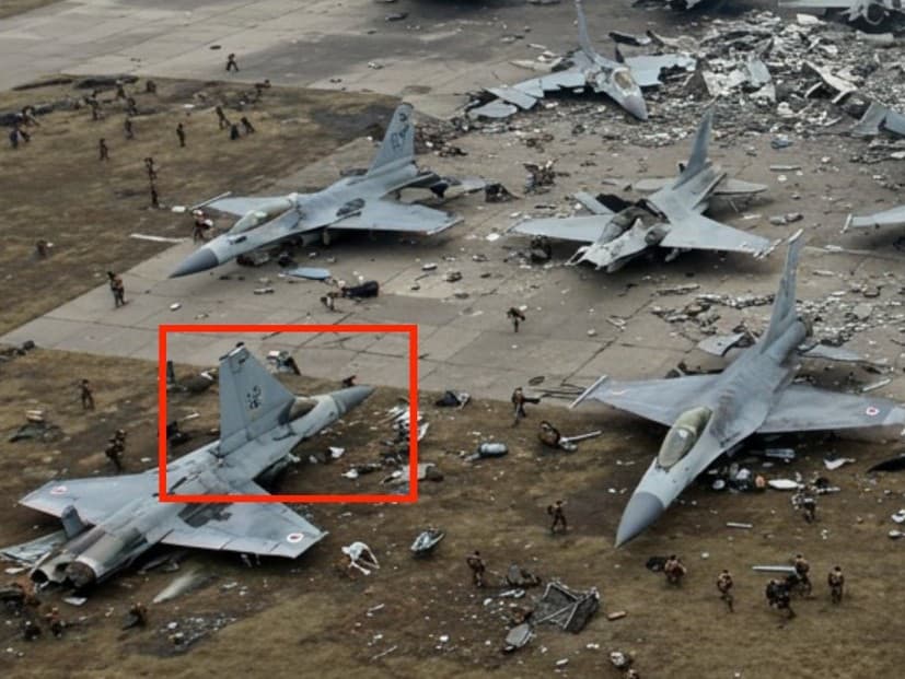 Upravená snímka zničeného ukrajinského letiska so stíhačkami F-16. Ide o dezinformáciu. 
