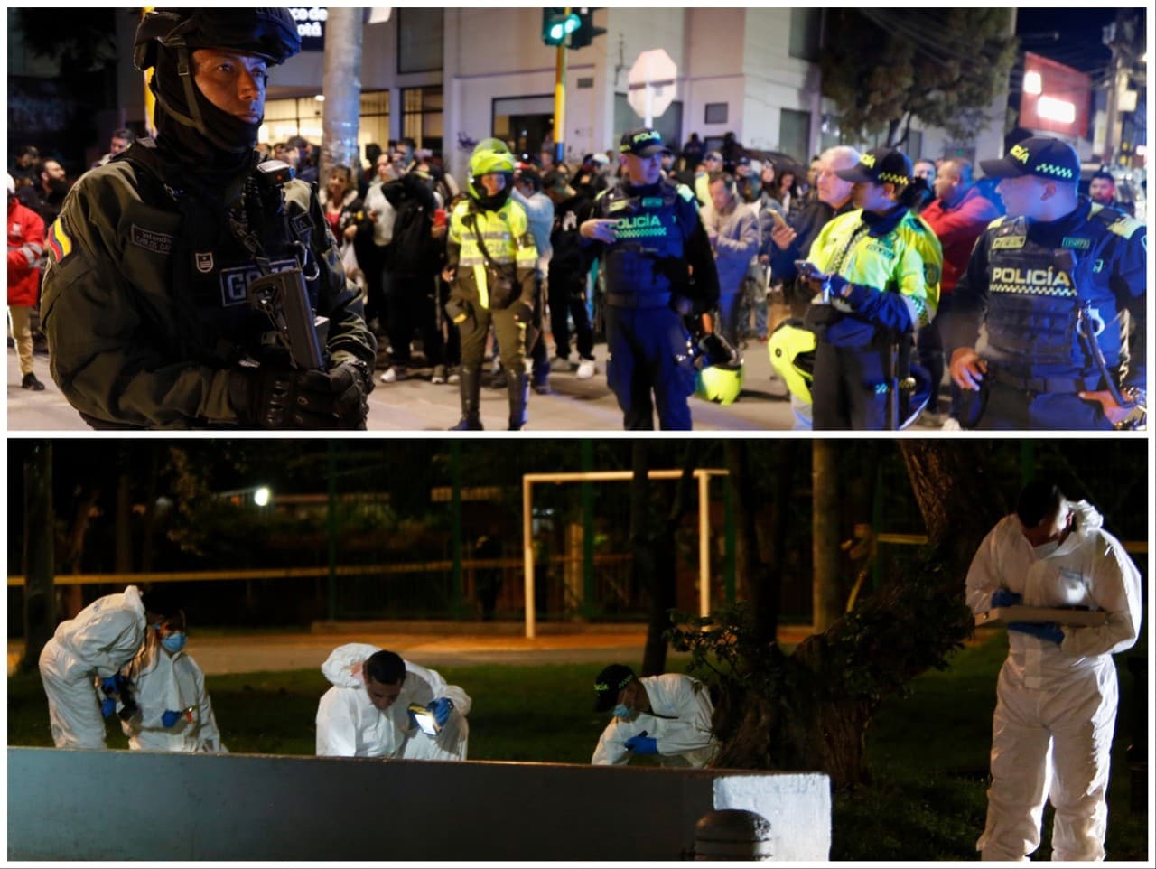 Polícia stráži pred nemocnicou v Santa Fe, kde sa lieči kolumbijský senátor a prezidentský kandidát Miguel Uribe Turbay po tom, čo bol postrelený počas volebného zhromaždenia v Bogote