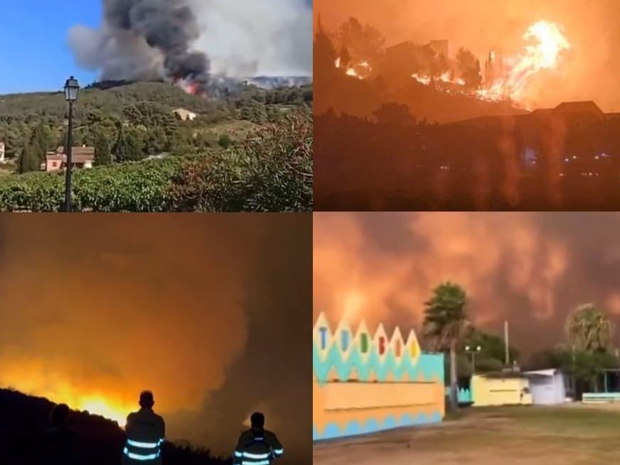 Požiare na juhu Európy. Hore Francúzsko, Ribaute. Dole Španielsko Tarifa, Andalúzia