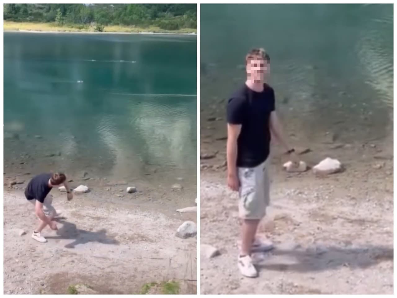 Turista si do jazera veselo hádzal žabky s kameňmi.