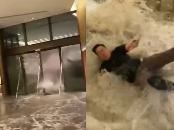 Prílivová voda počas supertajfúnu Ragasa v Hong Kongu prerazila vstupné sklenené dvere hotela Fullerton
