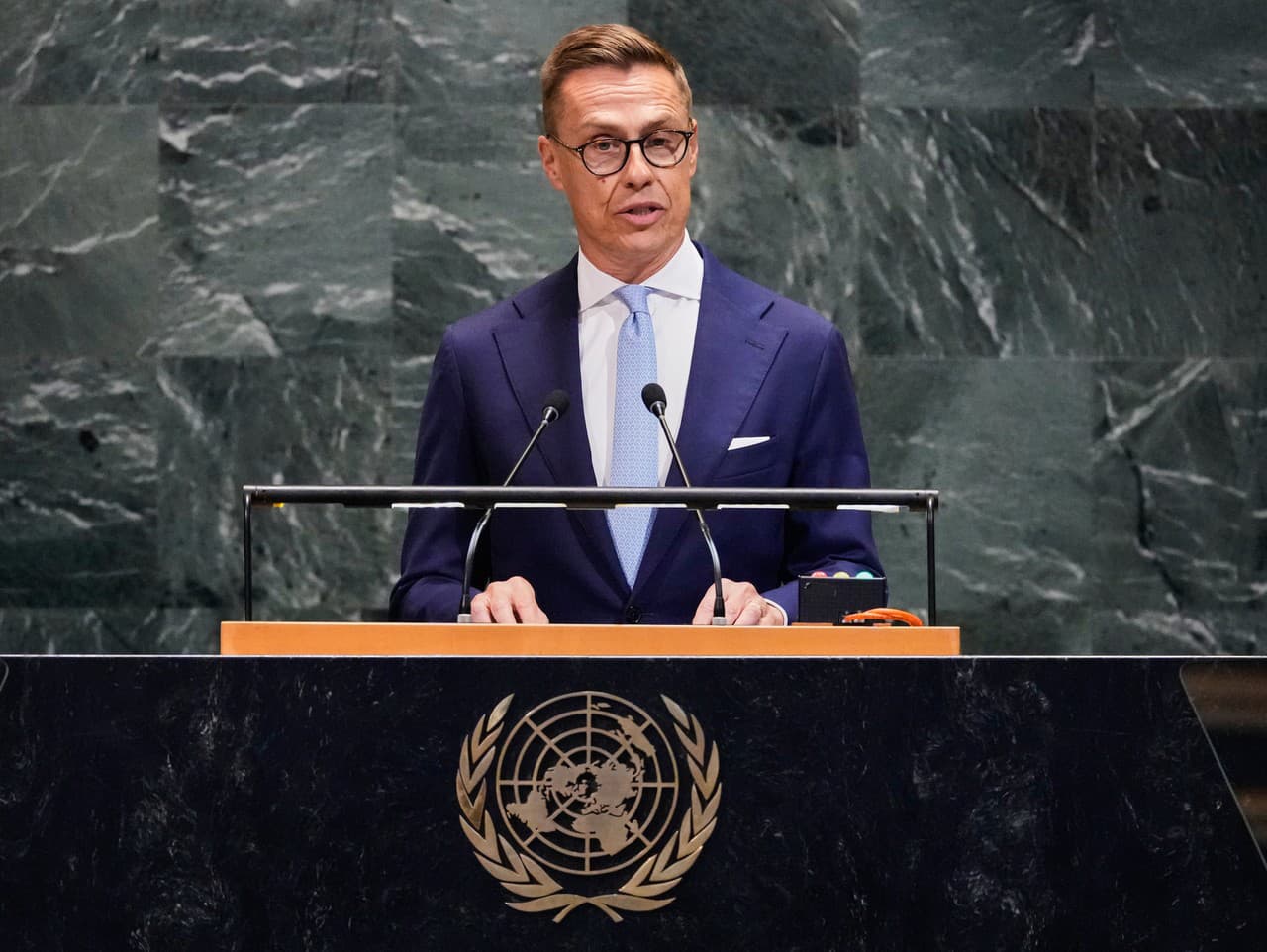 Fínsky prezident Alexander Stubb na 80. zasadnutí Valného zhromaždenia Organizácie Spojených národov