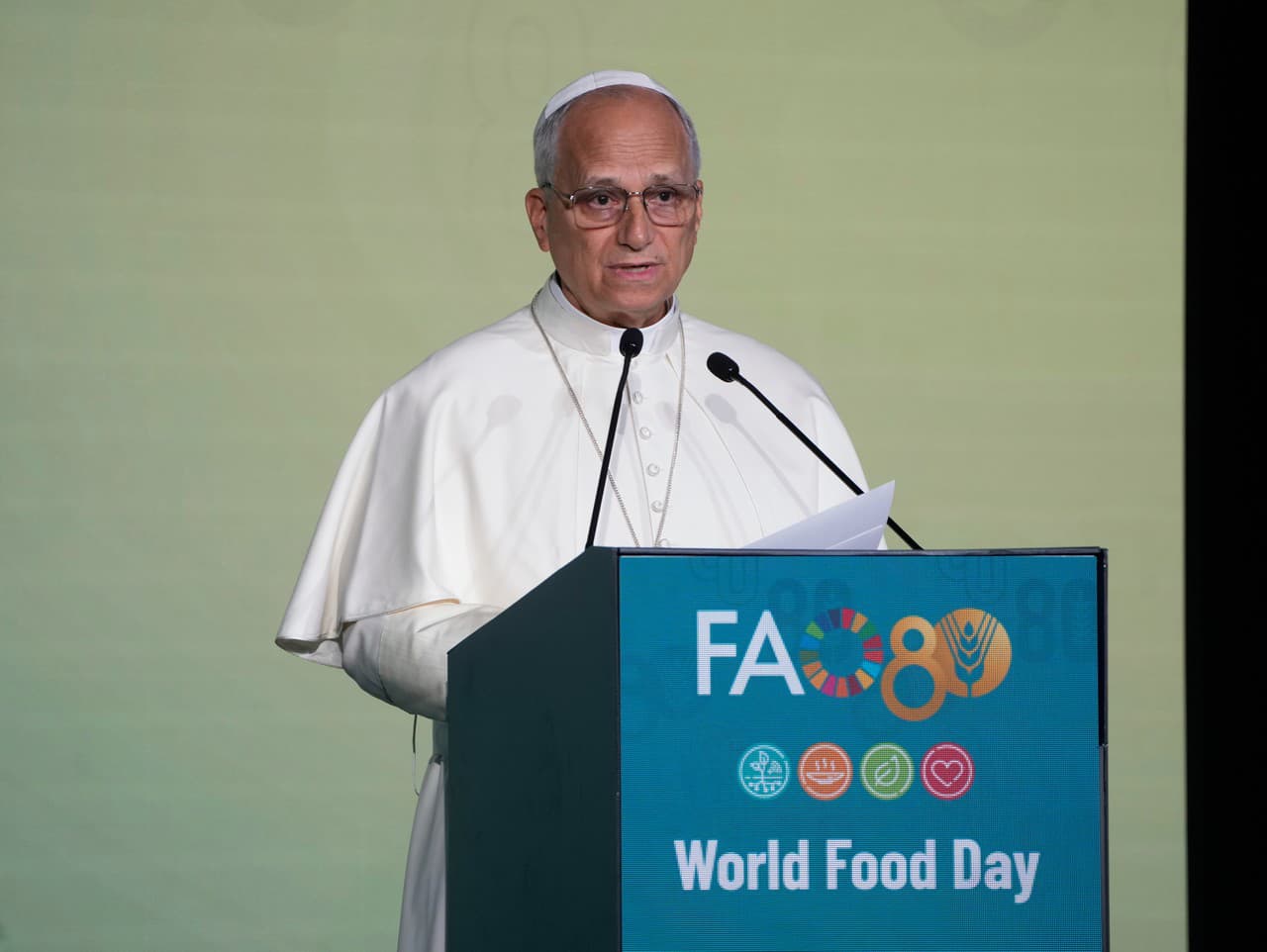 Pápež Lev XIV. na podujatí počas Svetového dňa potravín 16. októbra 2025 v Ríme