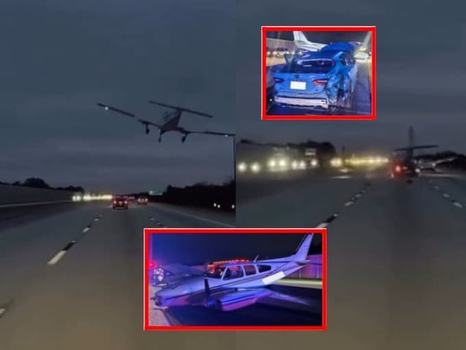 Video a zábery z desivého momentu, keď lietadlo Beechcraft 55 muselo núdzovo pristáť na frekventovanej diaľnici a narazilo priamo do vozidla Toyota Camry (Florida, USA)