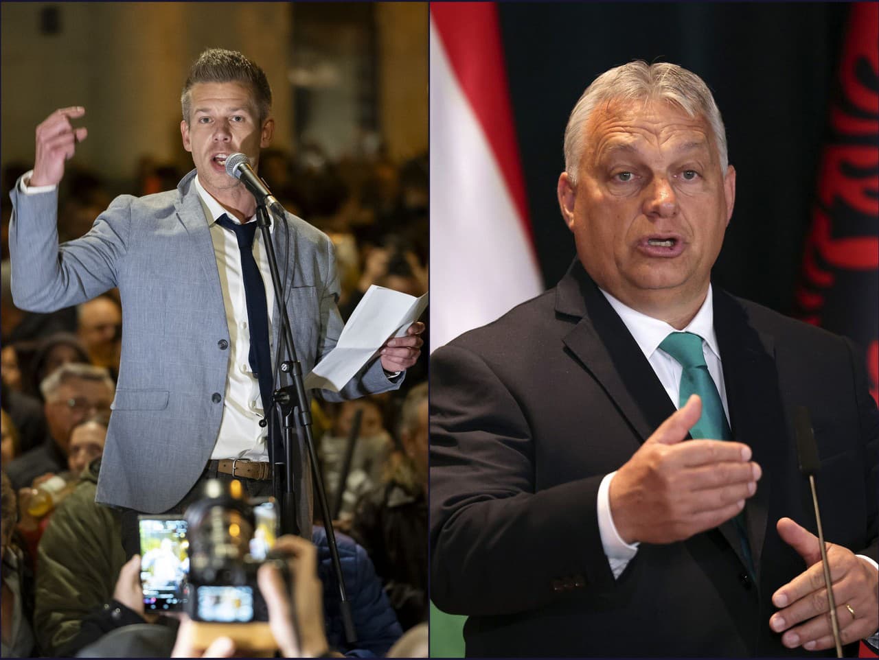 Maďarský opozičný politik Péter Magyar a premiér krajiny Viktor Orbán