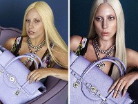 Lady Gaga na fotkách pre reklamnú kampaň Versace pred retušou a po nej.