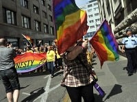Účastníci pochodu za zrovnoprávnenie gejov, lesieb, bisexuálnych a transrodových ľudí a intersexuálnych ľudí pod názvom Dúhový PRIDE Bratislava 2014 pod heslom - Poď von s rodinou.