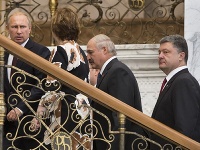 Vladimir Putin, Alexander Lukašenko, Catherine Ashton a Petro Porošenko