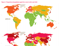 Rozloženia obyvateľstva nad 60 rokov v roku 2014 a 2050