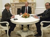  Vladimir Putin, Francois Hollande a Angela Merkelová