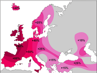 Rozšírenie  Y-DNA haploskupiny R1b v Európe. Čísla vyjadrujú percentuálny podiel výskytu R1b v miestnej populácii.