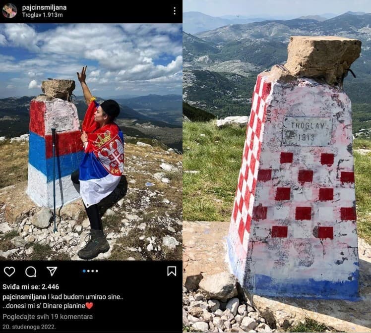 Mladá dievčina provokuje zahalená v srbskej vlajke na vrchu Troglav v Bosne len pár dní pred výročím operácie Storm