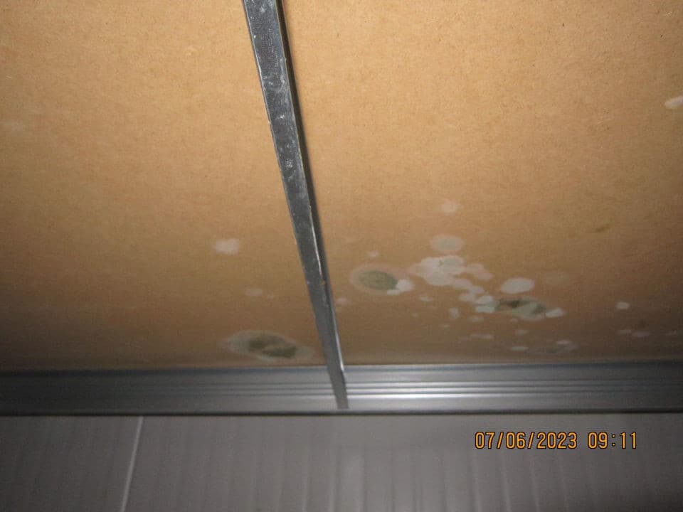 Poškodený a opadávajúci náter stien a stropu vo výrobni