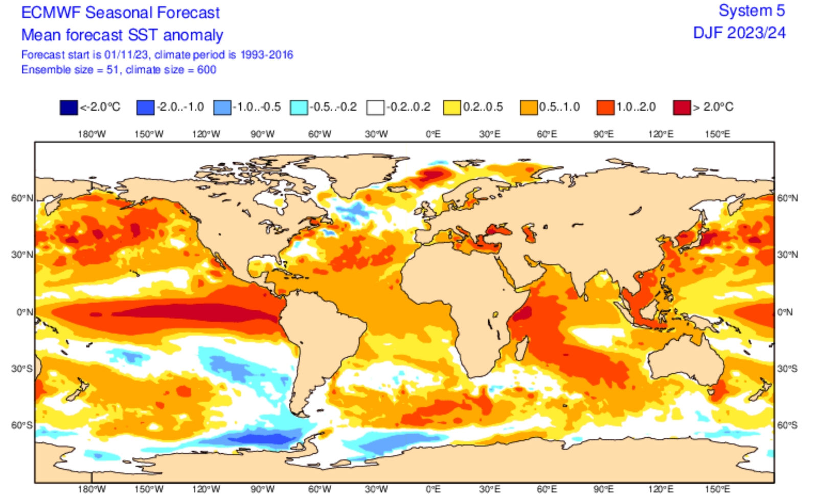 Predpokladané globálne teplotné odchýlky povrchových vôd morí a oceánov počas zimnej sezóny 2023/2024 