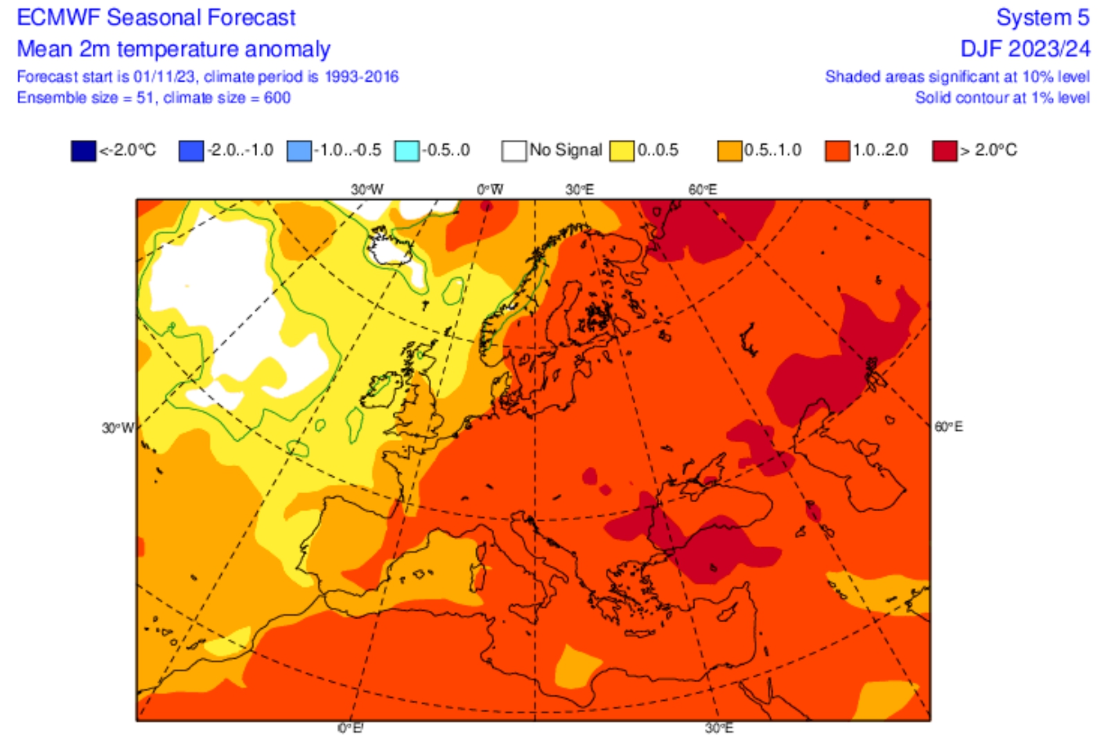 Predpokladaná teplotná odchýlka zimnej sezóny 2023/2024 v Európe od dlhodobého priemeru