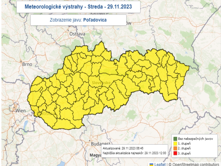 Na celom území Slovenska platí výstraha 1. stupňa pred poľadovicou