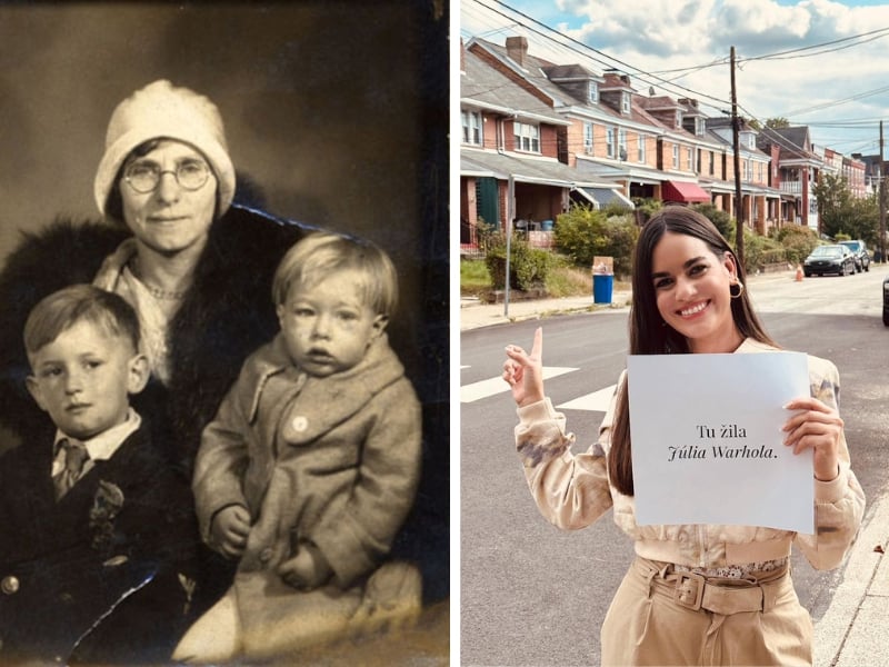 Júlia Warhola so synmi Johnom (vľavo) a Andym. Zdroj: Wikimedia commons Vpravo: Petra Toth pred domov na Dawson street v Pittsburghu kde žila Júlia s manželom Andrejom (tiež z Mikovej) a synmi. 
