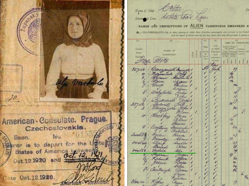Vľavo: Cestovný pas Julie Warhola. Petrin tím zistil, že pravdepodobne v poľskom Gdaňsku nastúpila na loď do Belgicka, odtiaľ sa plavila do Británie a v Liverpoole nastúpila na loď do Ameriky. Vpravo: Zeleným podčiarknuté meno ,Varhola Ula´v zápise lodného oficiera v anglickom prístave v Liverpoole.
