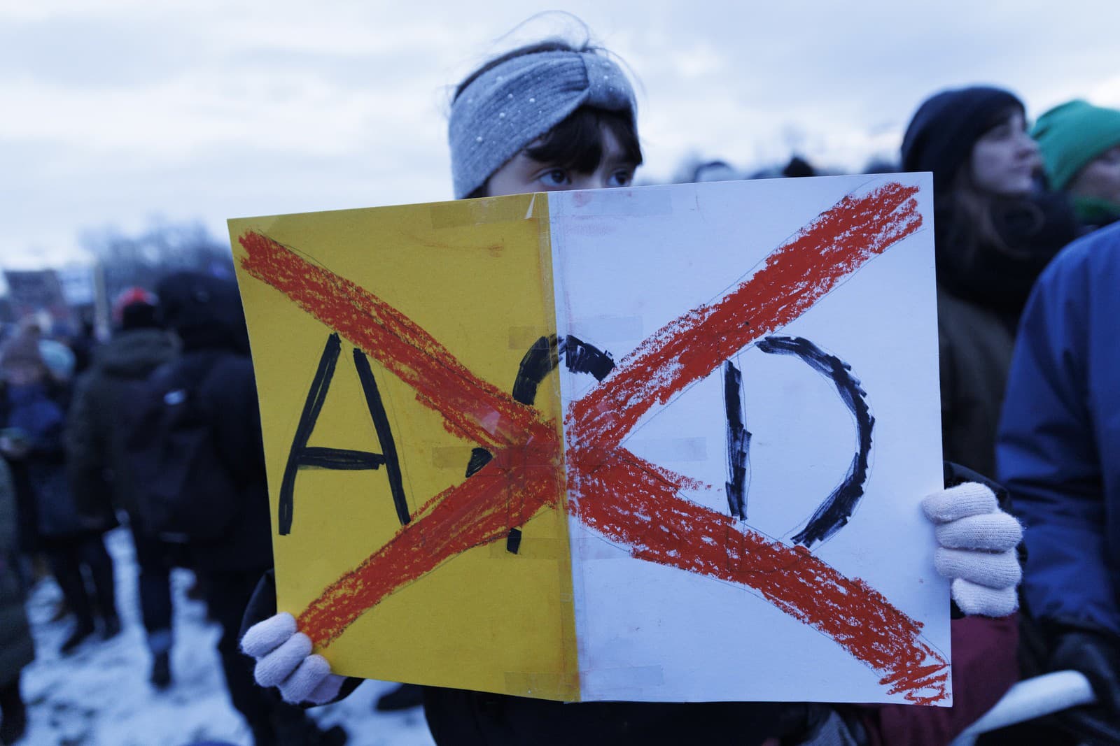 Demonštrantka drží transparent počas protestu proti krajne pravicovej Alternatíve pre Nemecko (AfD) v Berlíne v pondelok 21. januára 2024.