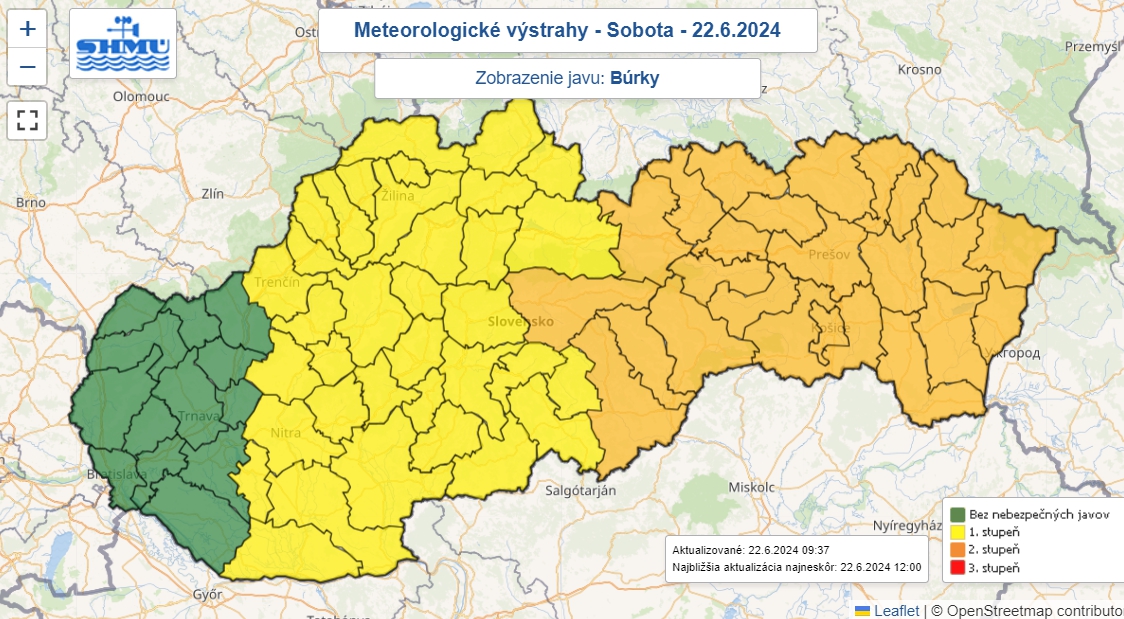 SHMÚ rozšírilo meteorologické výstrahy aj na stredné Slovensko