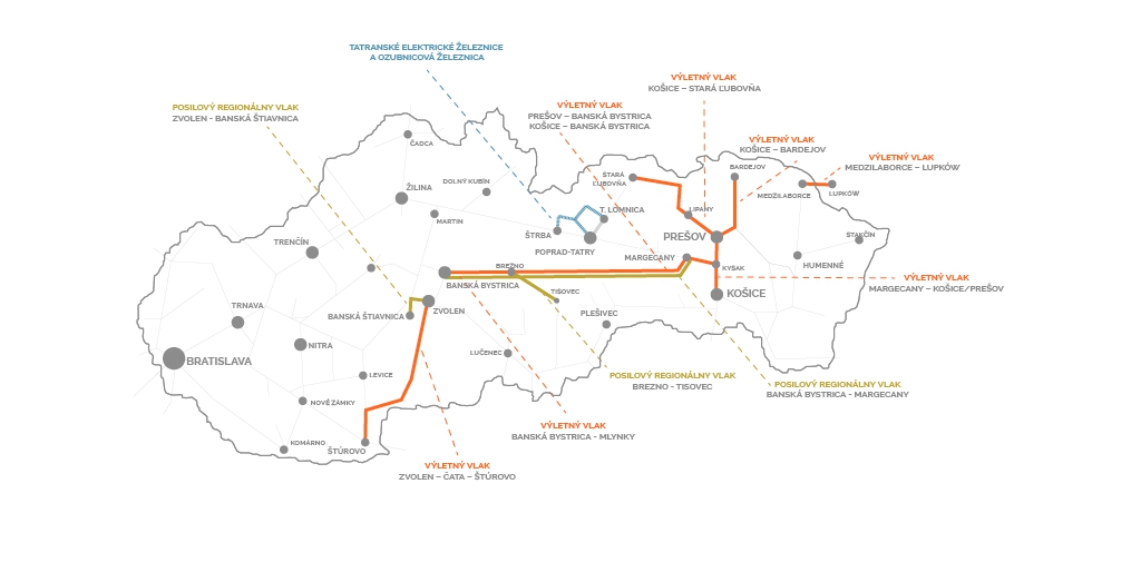 Mapa výletných vlakov Železničnej spoločnosti Slovensko.