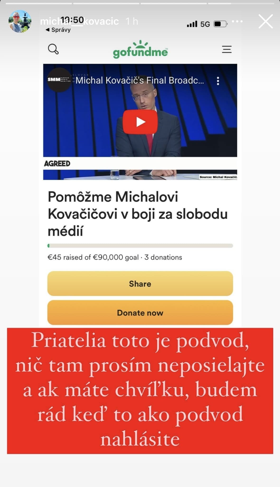 Michal Kovačič upozornil na podvod