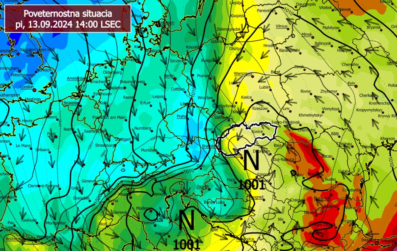 Predpoveď poveternostnej situácie podľa deterministického výpočtu modelu ECMWF na piatok