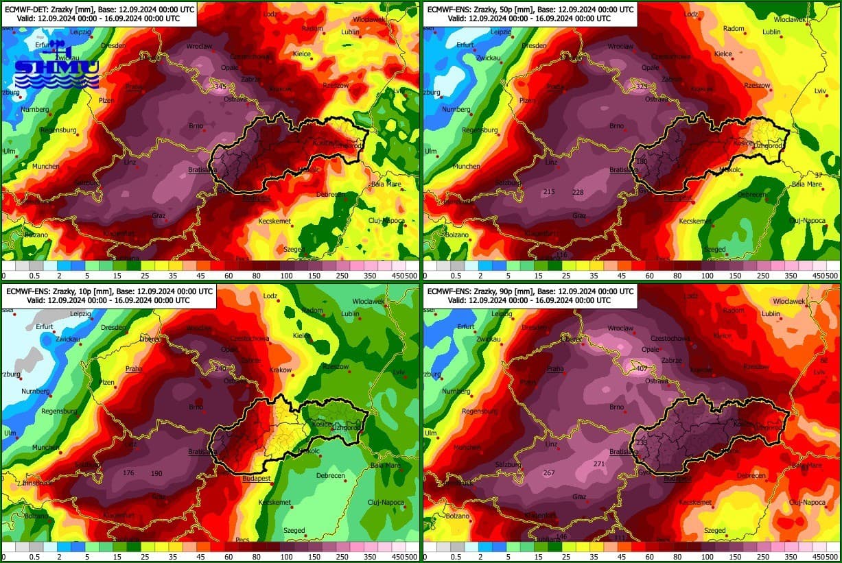 Ansámblová predpoveď úhrnov zrážok v dňoch 12.9. - 16.9.2024 podľa modelu ECMWF