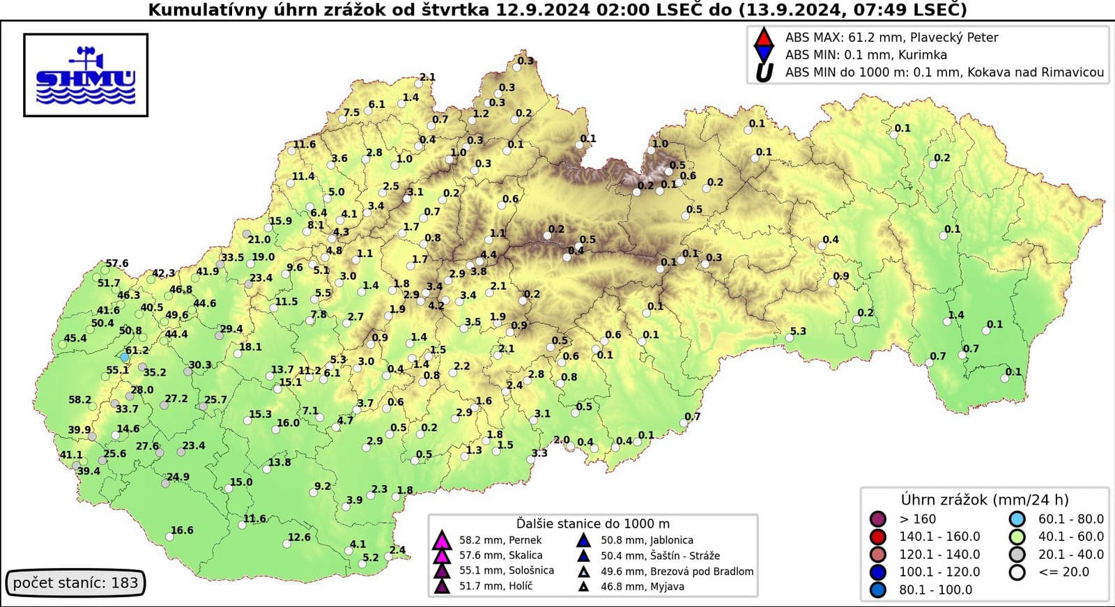 Kumulatívny úhrn zrážok od štvrtka 12.9. 