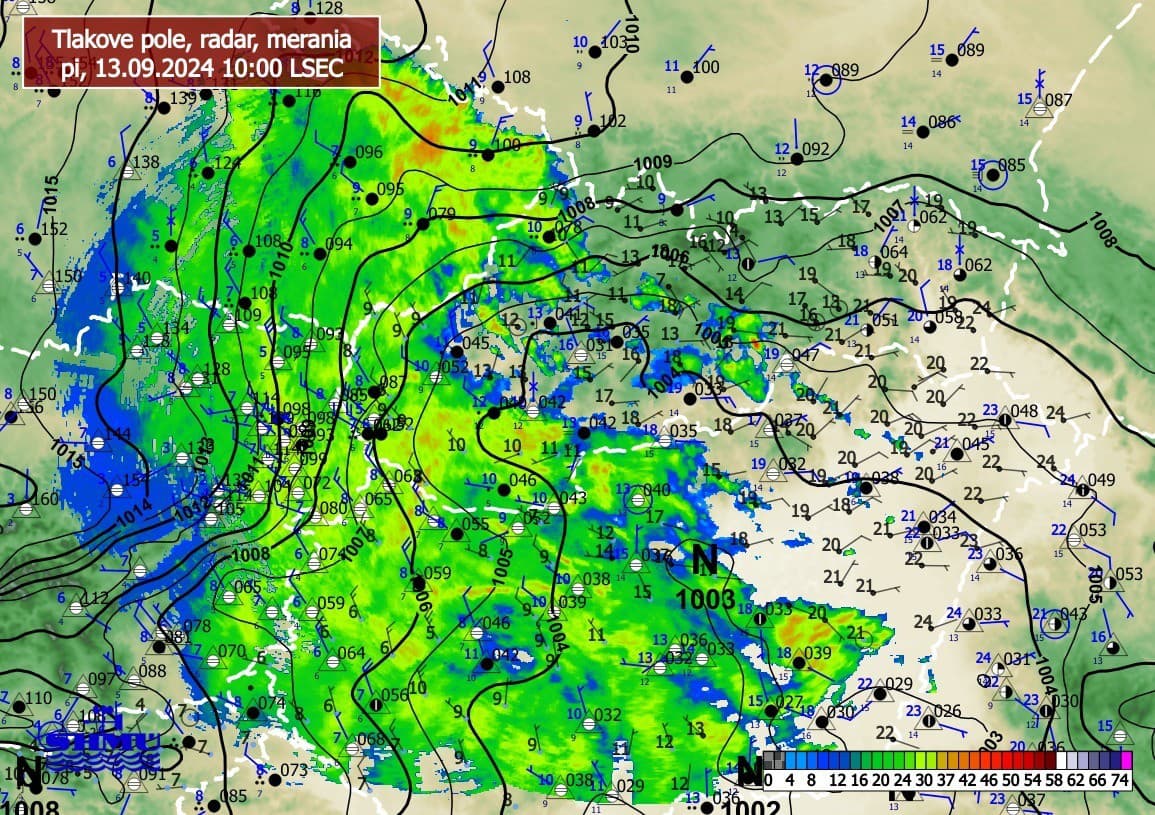 Najvýdatnejšie zrážky sa vyskytujú na Záhorí s intenzitou 5-10 mm/h