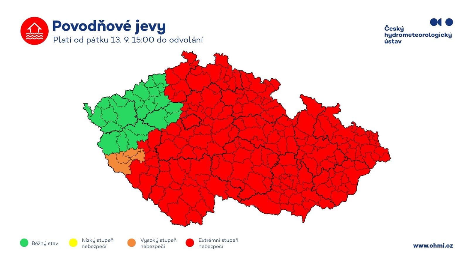 Na väčšine územia v Českej republike platí najvyšší stupeň nebezpečenstva