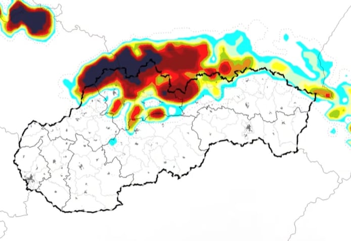 Pravdepodobnosť snehových zrážok 5mm/24h od 28.11. 18.00 h do 29.11. 18.00 h